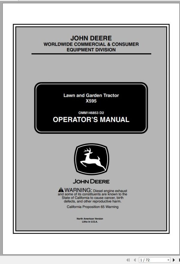 John Deere Lawn Garden Tractor X595 SN 010001 Operators Manual OMM146853 D2 2002 1