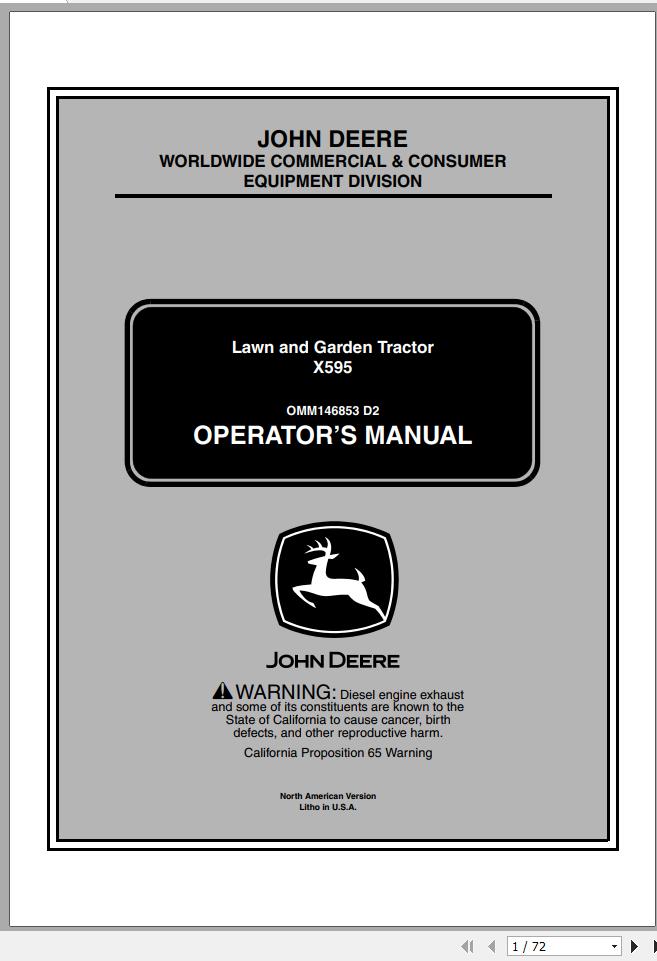 John Deere Lawn Garden Tractor X595 SN 010001 Operators Manual OMM146853 D2 2002 1