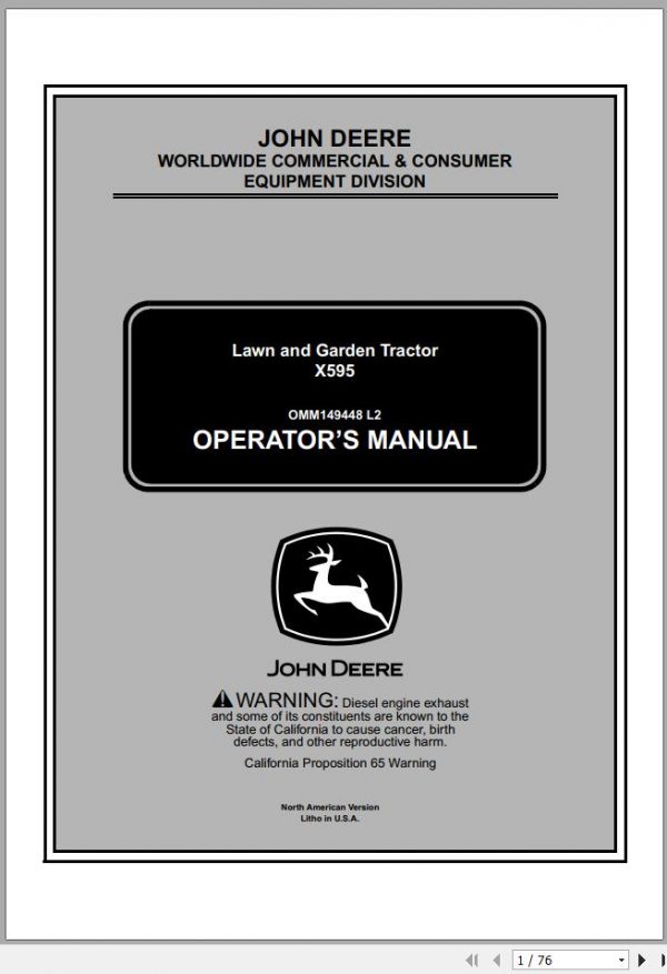 John Deere Lawn Garden Tractor X595 SN 020225 Operators Manual OMM149448 L2 2003 1