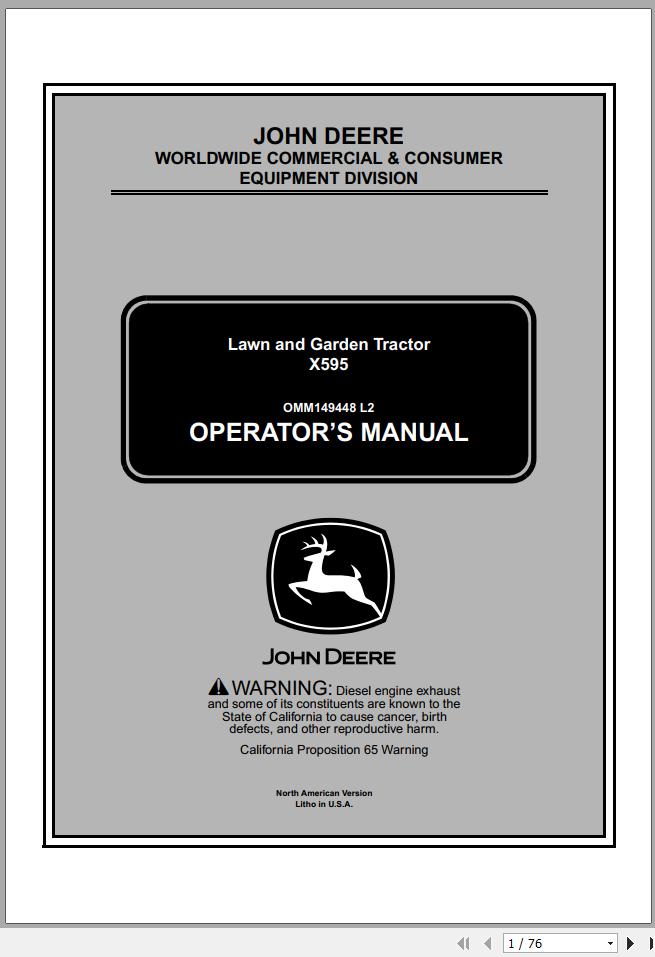 John Deere Lawn Garden Tractor X595 SN 020225 Operators Manual OMM149448 L2 2003 1