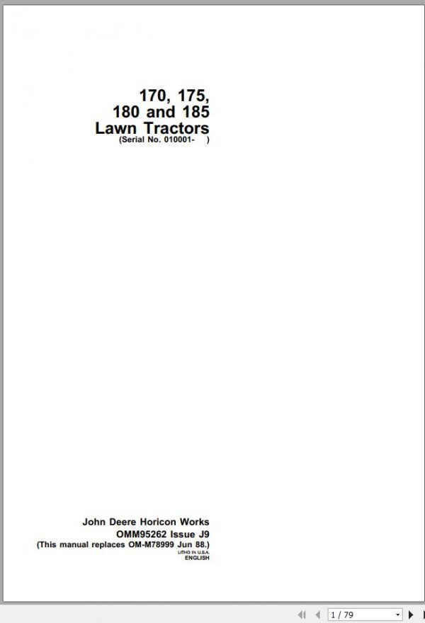 John Deere Lawn Tractor 170 175 180 185 SN 010001 Operators Manual OMM95262 J9 1