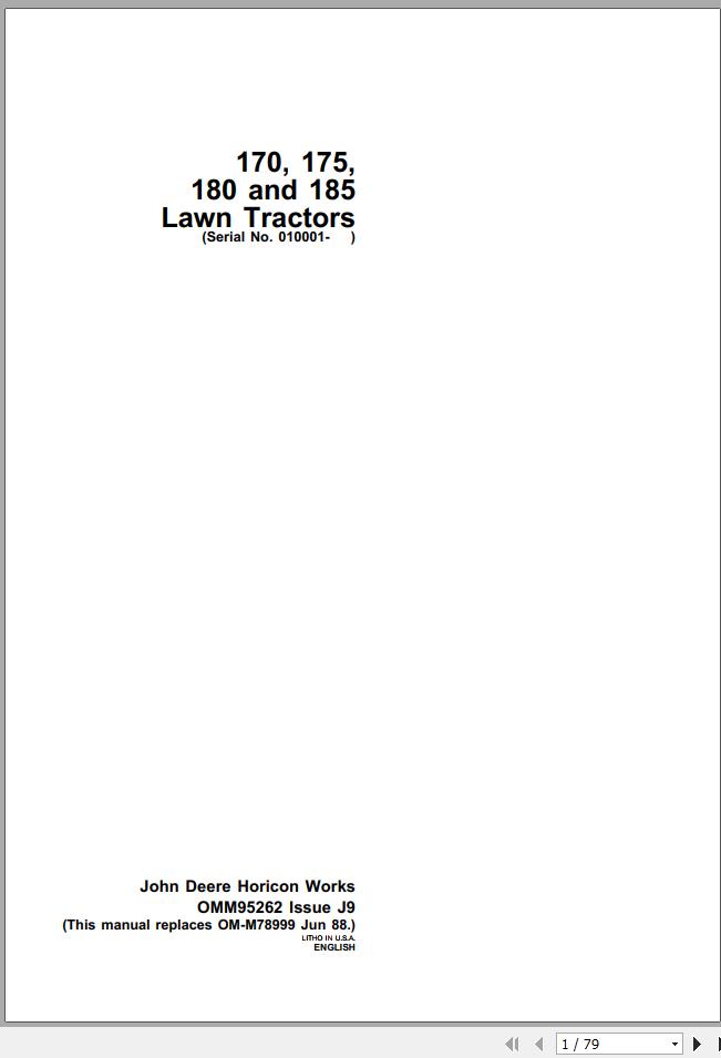 John Deere Lawn Tractor 170 175 180 185 SN 010001 Operators Manual OMM95262 J9 1