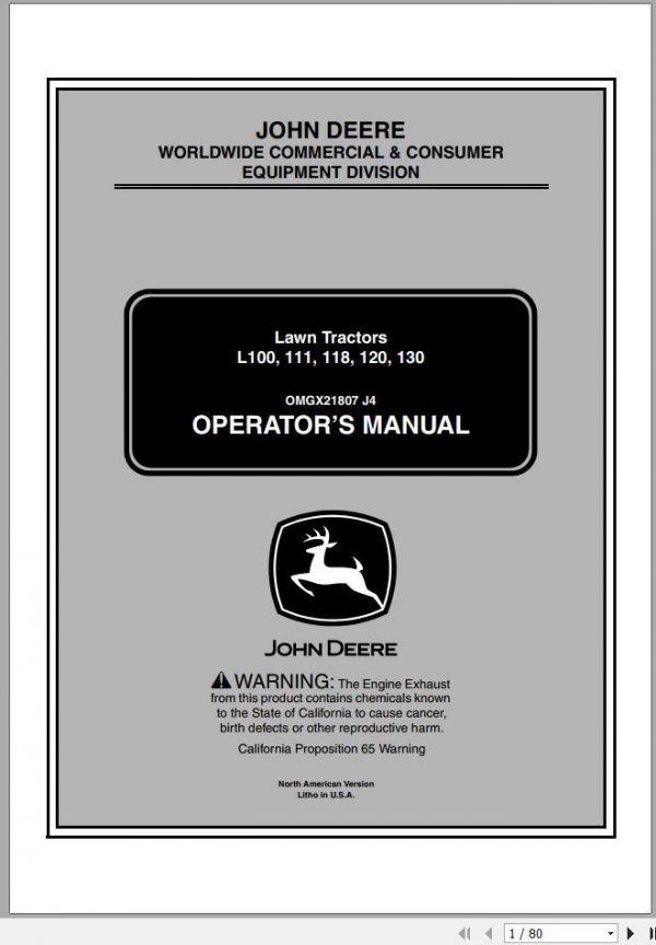 John Deere Lawn Tractor L100 111 118 120 130 Operators Manual OMGX21807 J4 2004 1