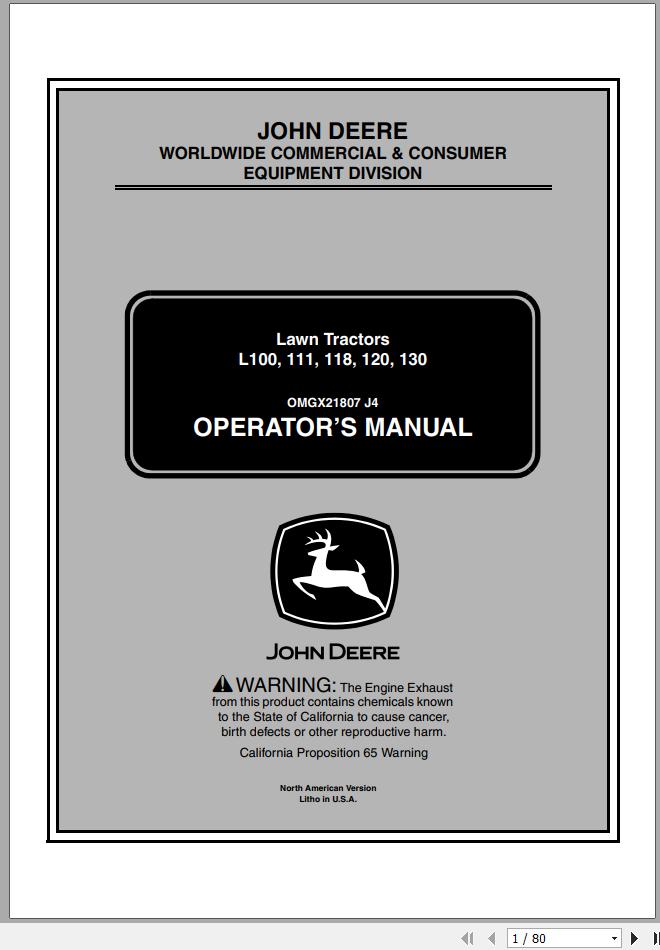 John Deere Lawn Tractor L100 111 118 120 130 Operators Manual OMGX21807 J4 2004 1