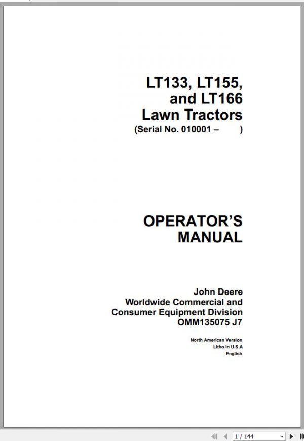 John Deere Lawn Tractor LT133 LT155 LT166 SN 010001 Operators Manual OMM135075 J7 1