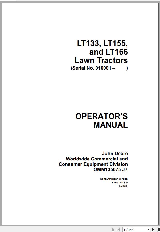 John Deere Lawn Tractor LT133 LT155 LT166 SN 010001 Operators Manual OMM135075 J7 1