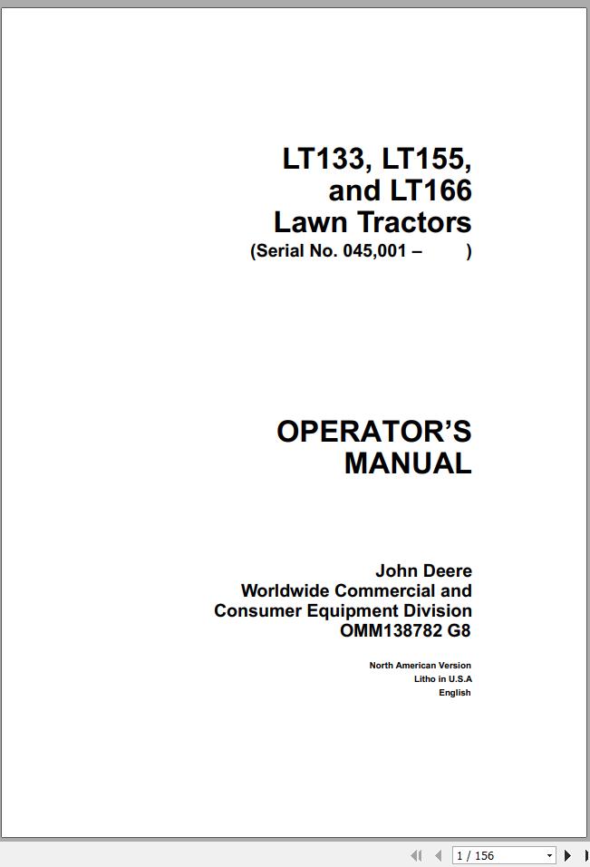 John Deere Lawn Tractor LT133 LT155 LT166 SN 045001 Operators Manual OMM138782 G8 1