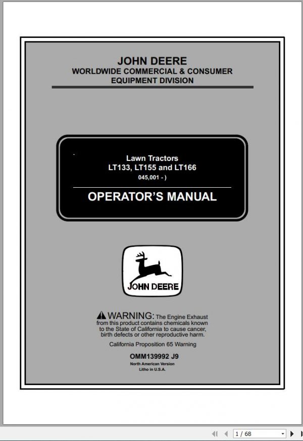 John Deere Lawn Tractor LT133 LT155 LT166 SN 045001 Operators Manual OMM139992 J9 1