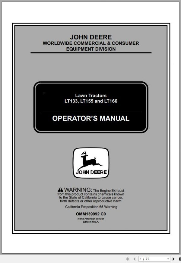 John Deere Lawn Tractor LT133 LT155 LT166 SN 085001 Operators Manual OMM139992 C0 2000 1