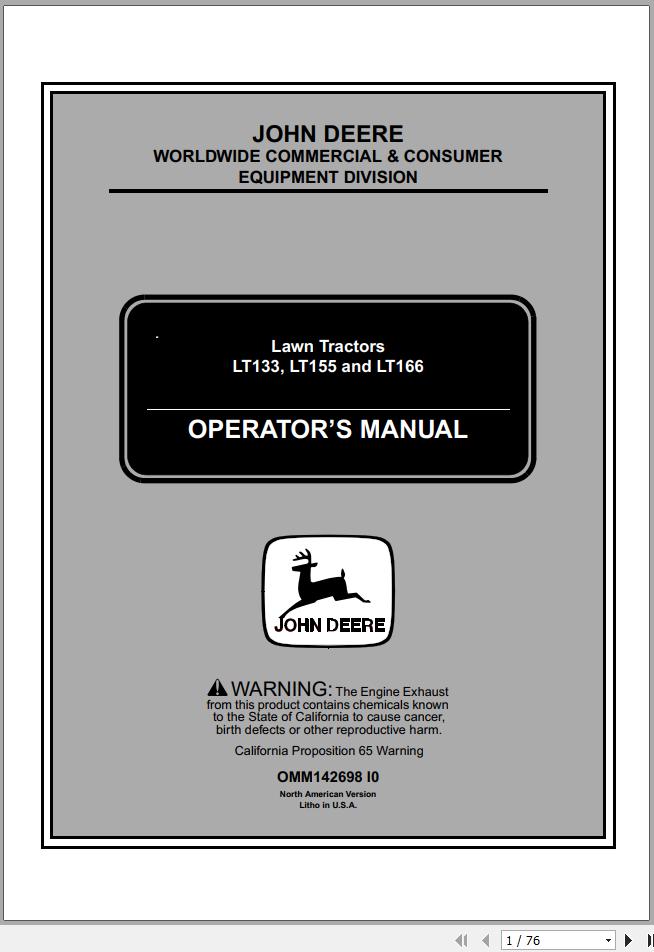 John Deere Lawn Tractor LT133 LT155 LT166 SN 125001 Operators Manual OMM142698 I0 2000 1