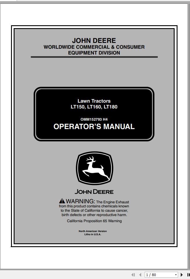 John Deere Lawn Tractor LT150 LT160 LT180 SN 35001 Operators Manual OMM152793 H4 2004 1