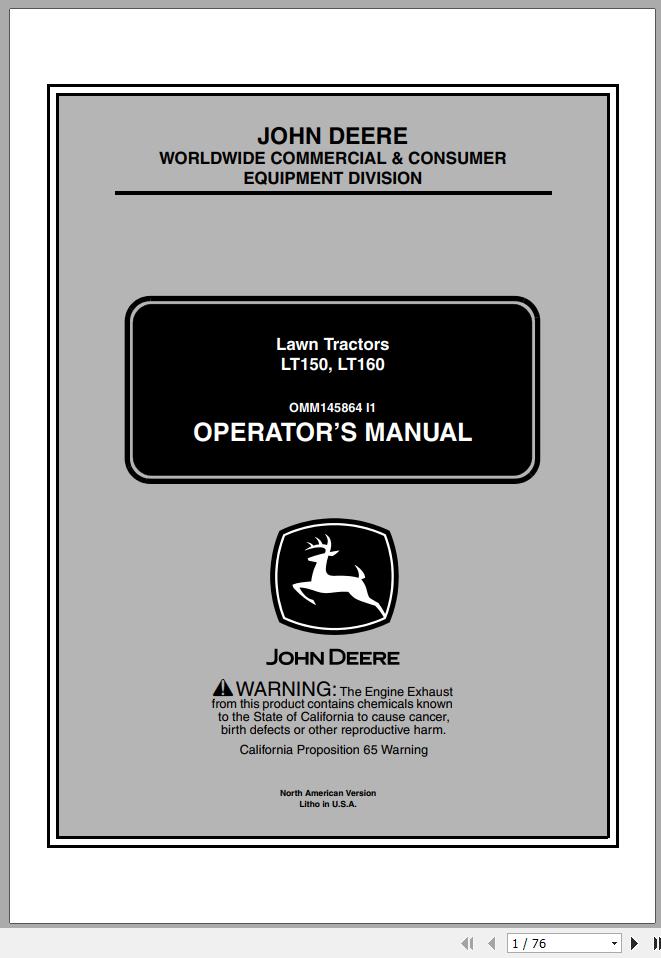 John Deere Lawn Tractor LT150 LT160 SN 125001 Operators Manual OMM145864 I1 2001 1