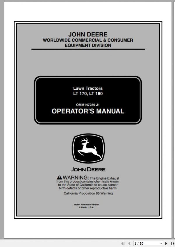 John Deere Lawn Tractor LT170 LT180 SN 10001 Operators Manual OMM147259 J1 2001 1