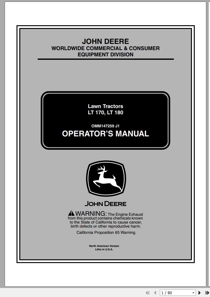 John Deere Lawn Tractor LT170 LT180 SN 10001 Operators Manual OMM147259 J1 2001 1