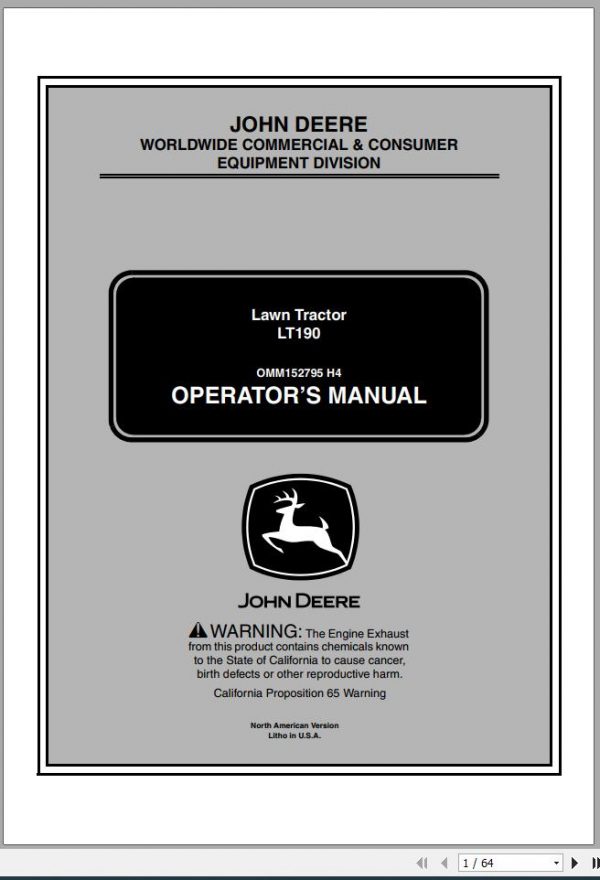 John Deere Lawn Tractor LT190 SN 500001 Operators Manual OMM152795 H4 2004 1