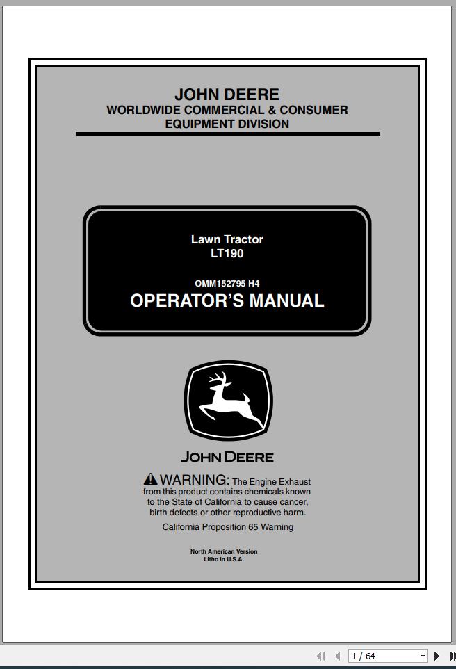 John Deere Lawn Tractor LT190 SN 500001 Operators Manual OMM152795 H4 2004 1