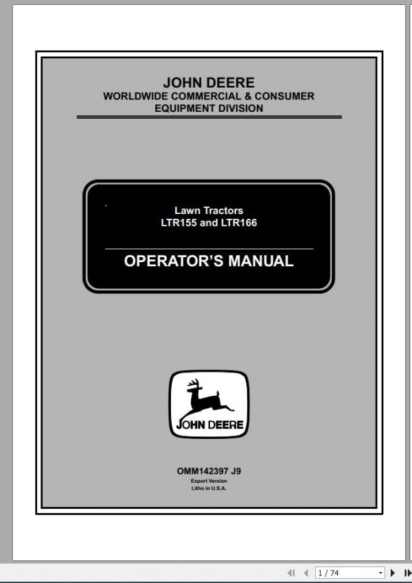 John Deere Lawn Tractor LTR155 LTR166 SN 020001 Operators Manual OMM142397 J9 1