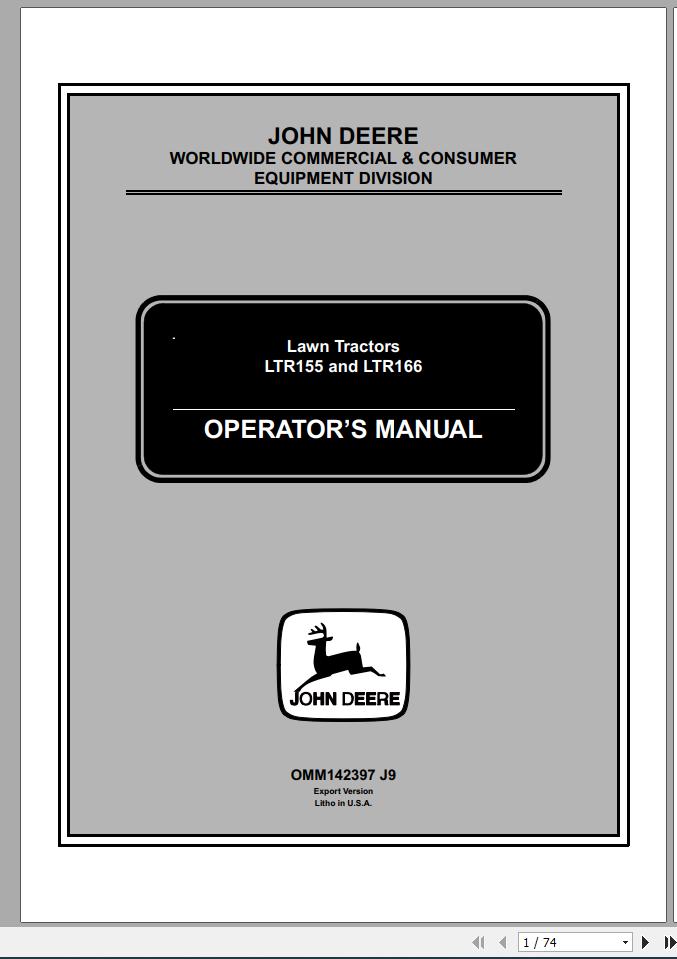 John Deere Lawn Tractor LTR155 LTR166 SN 020001 Operators Manual OMM142397 J9 1