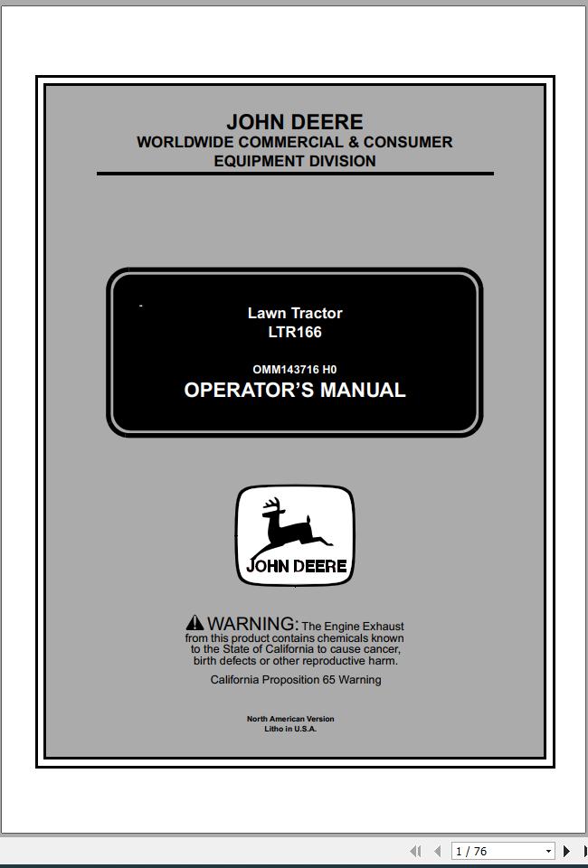John Deere Lawn Tractor LTR166 SN 030001 Operators Manual OMM143716 H0 2000 1
