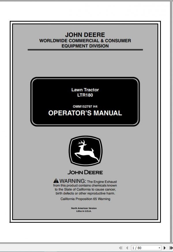 John Deere Lawn Tractor LTR180 SN 010001 Operators Manual OMM152797 H4 2004 1