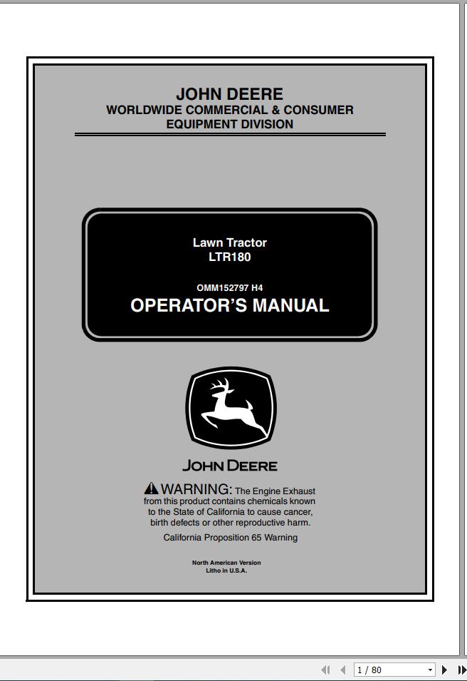 John Deere Lawn Tractor LTR180 SN 010001 Operators Manual OMM152797 H4 2004 1