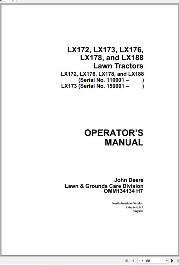 John Deere Lawn Tractor LX172 LX173 LX176 LX178 LX188 Operators Manual OMM134134 H7 1