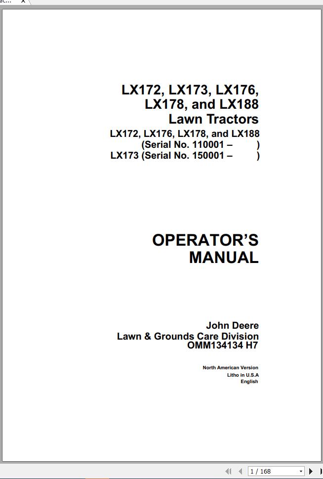 John Deere Lawn Tractor LX172 LX173 LX176 LX178 LX188 Operators Manual OMM134134 H7 1