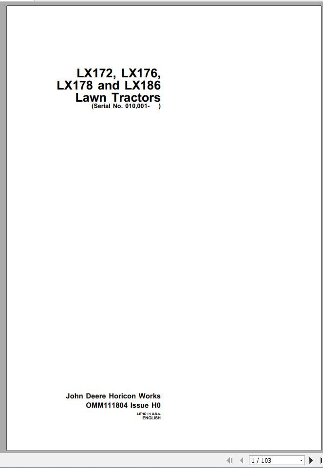 John Deere Lawn Tractor LX172 LX176 LX178 LX186 SN 010001 Operators Manual OMM111804 H0 1