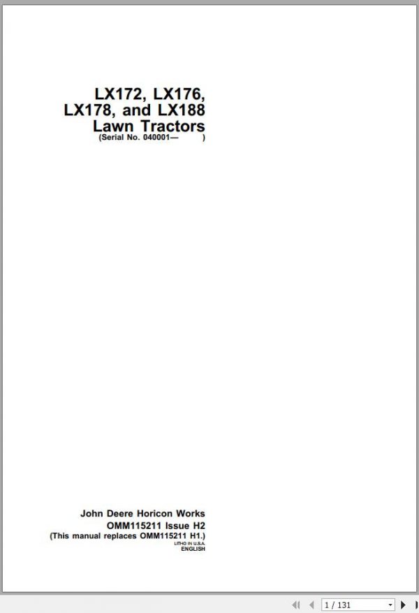 John Deere Lawn Tractor LX172 LX176 LX178 LX186 SN 040001 Operators Manual OMM115211 H2 1