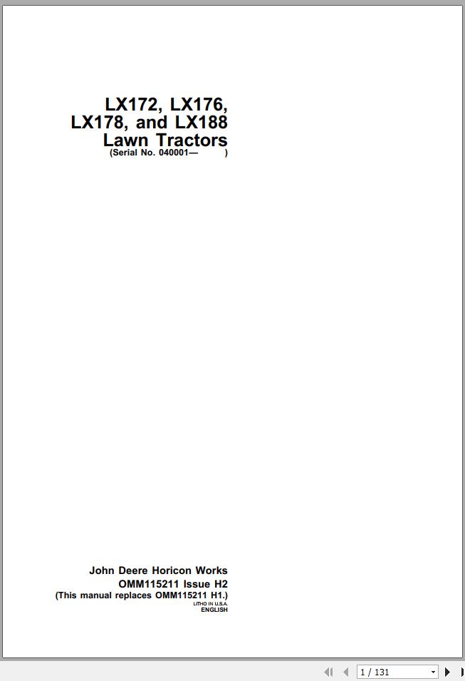 John Deere Lawn Tractor LX172 LX176 LX178 LX186 SN 040001 Operators Manual OMM115211 H2 1