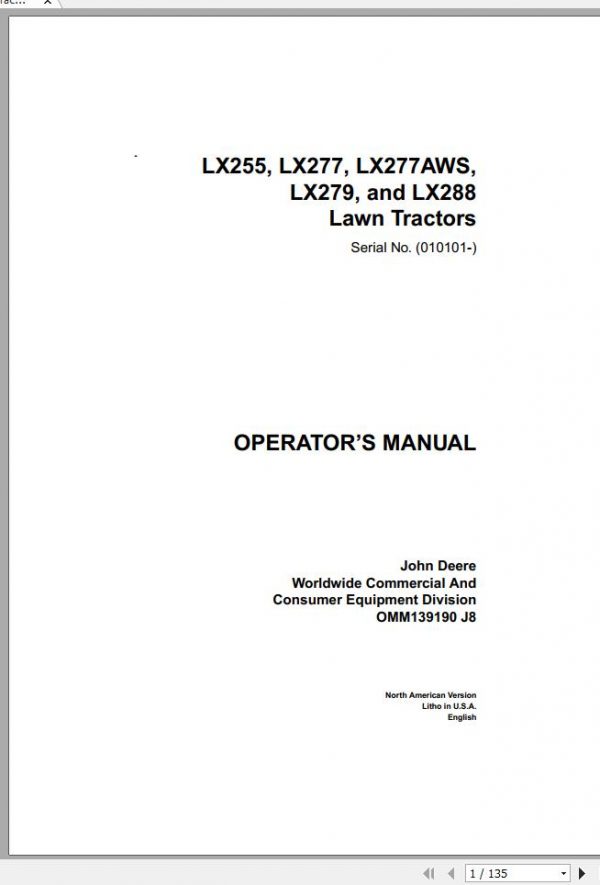John Deere Lawn Tractor LX255 LX277 LX277AWS LX279 LX288 SN 010101 Operators Manual OMM139190 J8 1