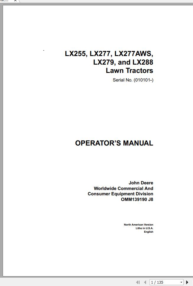 John Deere Lawn Tractor LX255 LX277 LX277AWS LX279 LX288 SN 010101 Operators Manual OMM139190 J8 1
