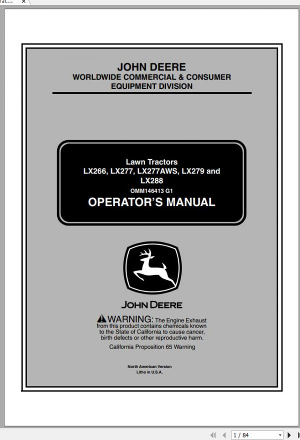 John Deere Lawn Tractor LX266 LX277 LX277AWS LX279 LX288 SN 060001 Operators Manual OMM146413 G1 2001 1