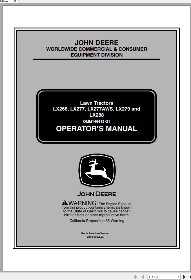 John Deere Lawn Tractor LX266 LX277 LX277AWS LX279 LX288 SN 060001 Operators Manual OMM146413 G1 2001 1