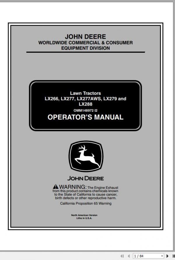 John Deere Lawn Tractor LX266 LX277 LX277AWS LX279 LX288 SN 090001 Operators Manual OMM148972 I2 2002 1