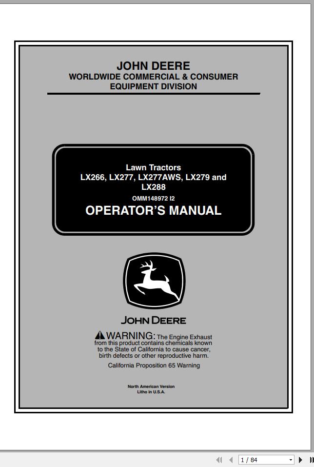 John Deere Lawn Tractor LX266 LX277 LX277AWS LX279 LX288 SN 090001 Operators Manual OMM148972 I2 2002 1
