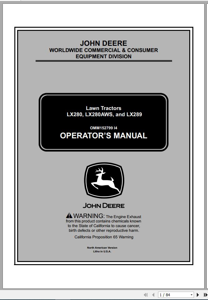 John Deere Lawn Tractor LX280 LX280AWS LX289 SN 100001 Operators Manual OMM152799 I4 2004 1