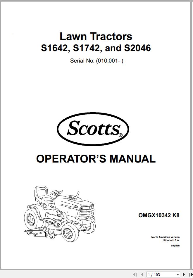 John Deere Lawn Tractor S1642 S1742 S2046 SN 010001 Operators Manual OMGX10342 K8 1