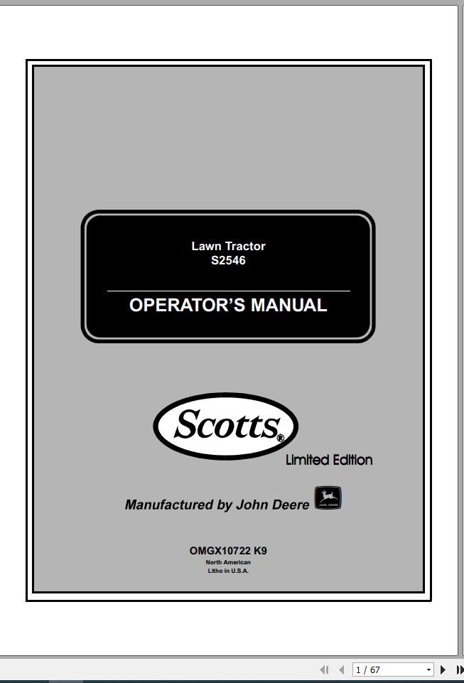 John Deere Lawn Tractor S2546 Operators Manual OMGX10722 K9 1