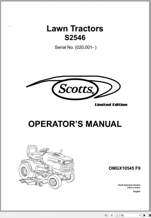 John Deere Lawn Tractor S2546 SN 020001 Operators Manual OMGX10545 F9 1