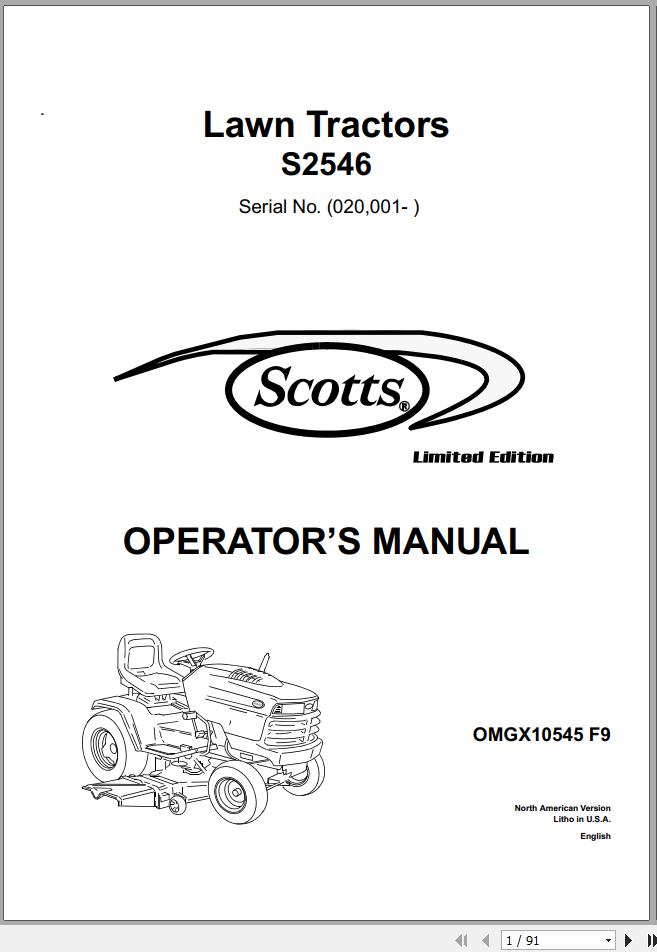 John Deere Lawn Tractor S2546 SN 020001 Operators Manual OMGX10545 F9 1