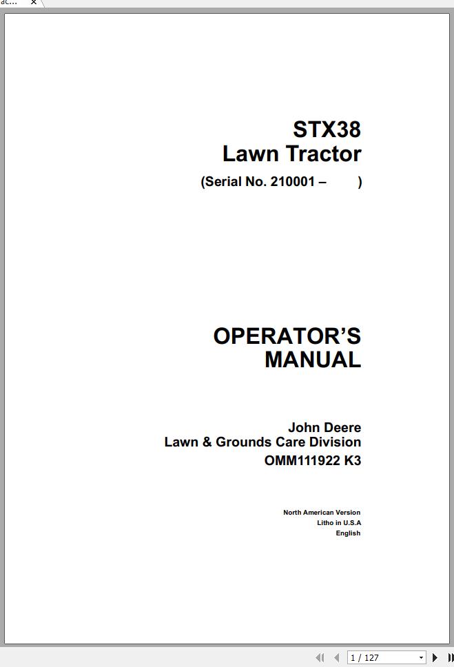 John Deere Lawn Tractor STX38 SN 210001 Operators Manual OMM111922 K3 1