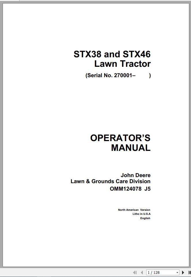 John Deere Lawn Tractor STX38 STX46 SN 270001 Operators Manual OMM124078 J5 1
