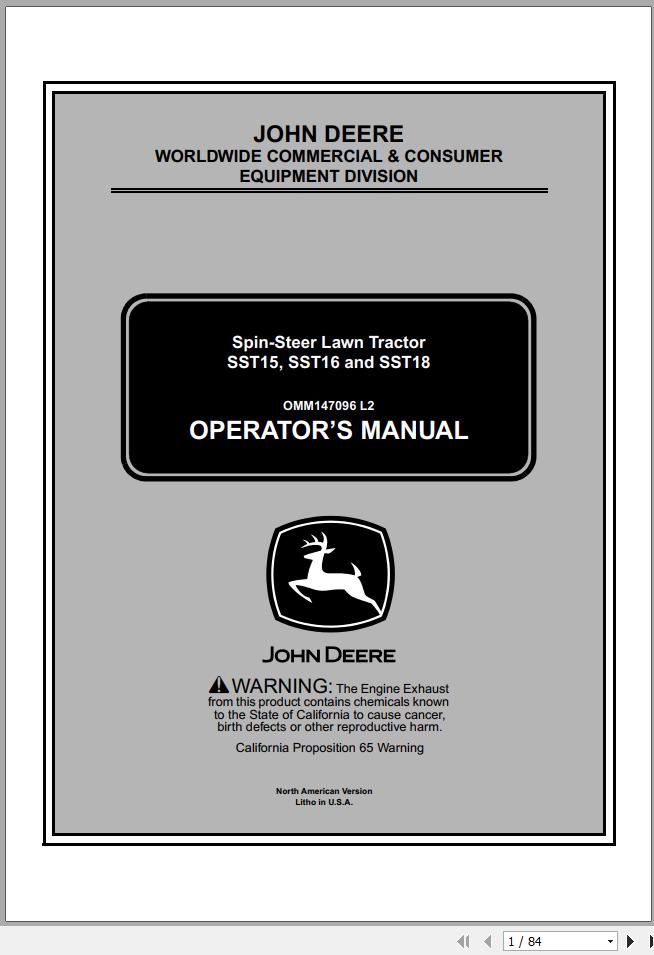 John Deere Lawn Tractor Spin Streer SST15 SST16 SST18 SN 050001 Operators Manual OMM147096 L2 2002 1