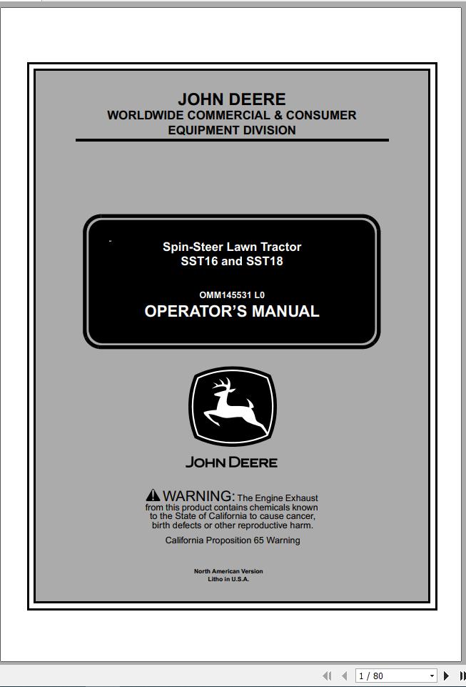 John Deere Lawn Tractor Spin Streer SST16 SST18 SN 010001 Operators Manual OMM145531 L0 2000 1