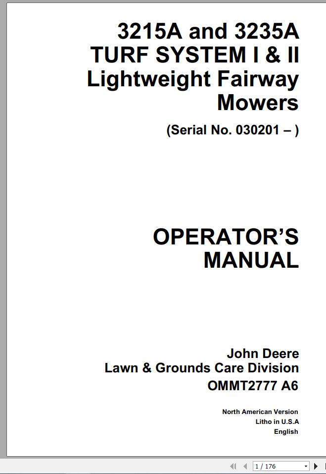 John Deere Lightweight Fairwar Mowers 3215A 3235A Turf System I II Operators Manual OMMT2777 A6 1