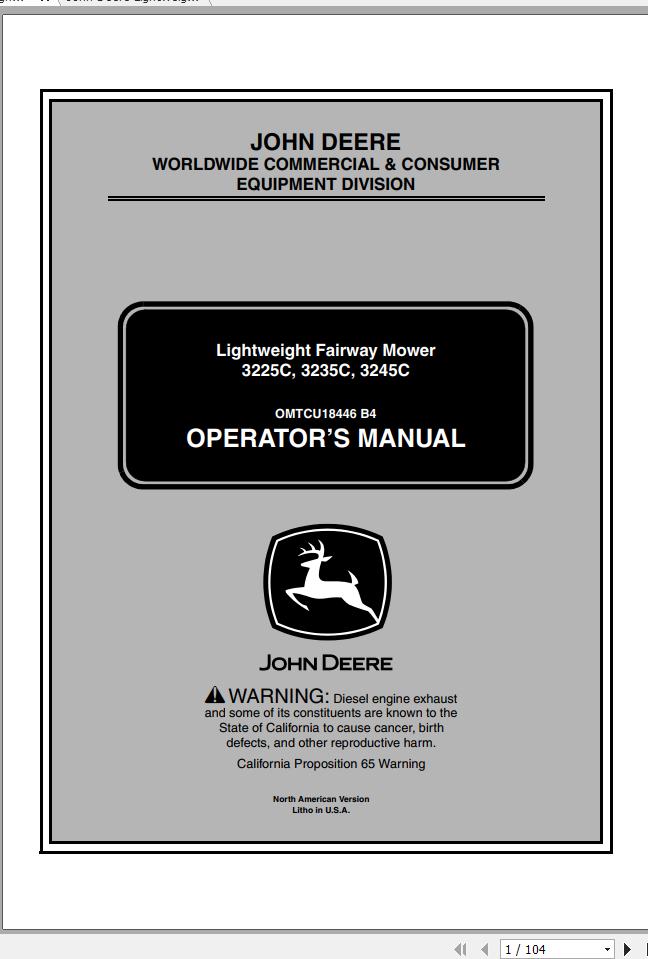 John Deere Lightweight Fairwar Mowers 3225C 3235C 3245C SN 010001 Operators Manual 2004 1