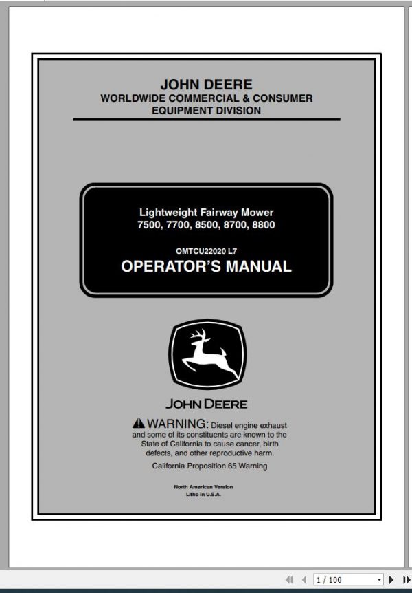 John Deere Lightweight Fairwar Mowers 7500 7700 8500 8700 8800 Operators Manual OMTCU22020 L7 2007 1