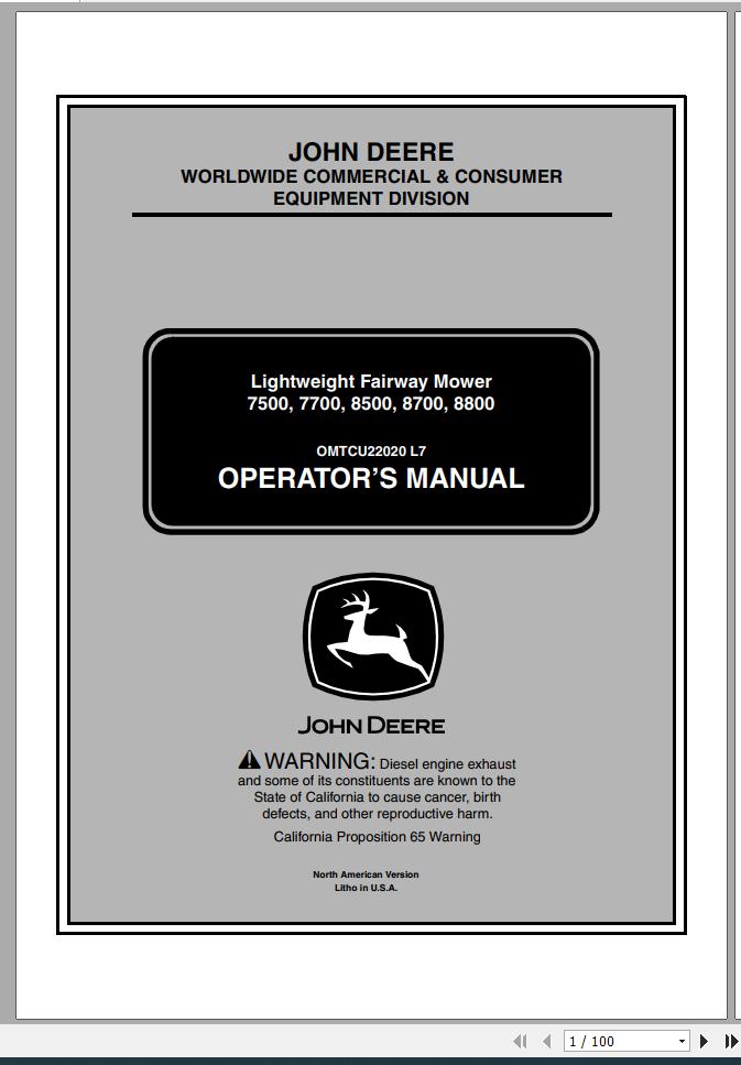 John Deere Lightweight Fairwar Mowers 7500 7700 8500 8700 8800 Operators Manual OMTCU22020 L7 2007 1