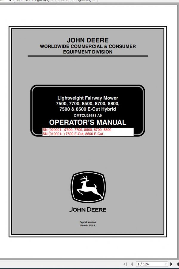 John Deere Lightweight Fairwar Mowers 7500 8500 E Cut Hybrid SN 020001 010001 Operators Manual 2009 1